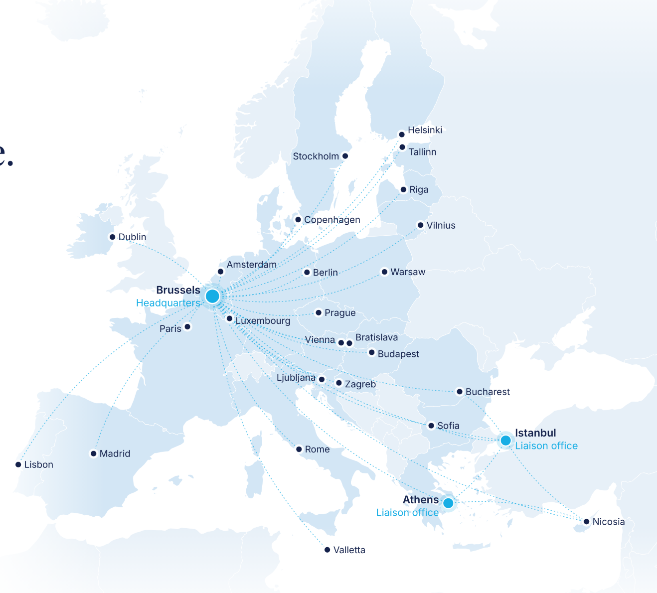 Map of Europe showing Seven of Nine's network: Brussels headquarters connected by dotted lines to EU capitals and liaison offices in Athens and Istanbul